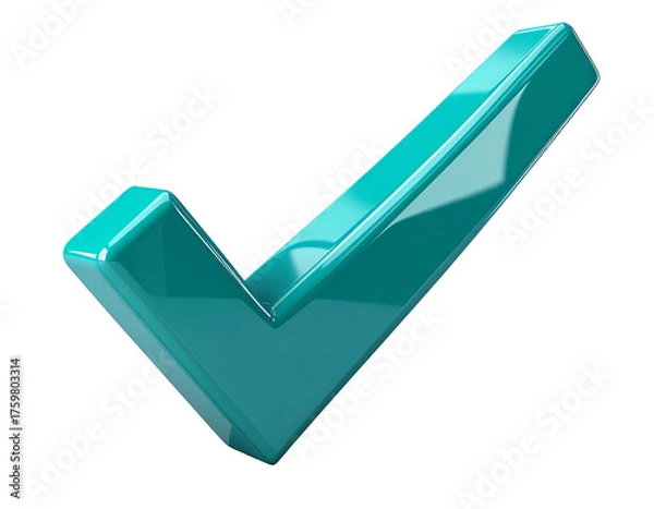 Fototapeta A glossy, teal-colored checkmark icon with angled sides against a black backdrop