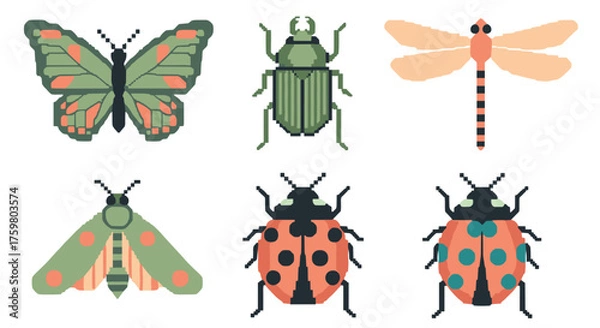 Fototapeta Pixel Art Insect Collection: Diverse Beetles, Butterflies, Dragonfly, and Moth in Graphic Illustration Set for Educational Materials, Children's Books, Science Posters, and Nature-Themed Design Projec