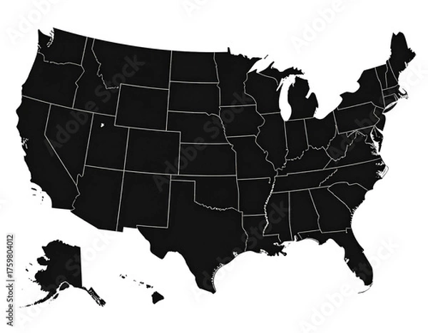 Fototapeta A stark, dark gray map of the United States with state borders highlighted