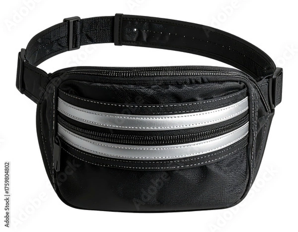 Fototapeta Black fanny pack with silver stripes, zipper compartments, and adjustable strap