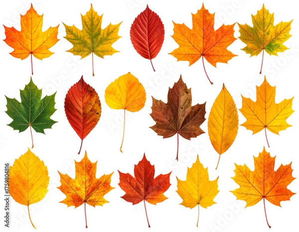 Fototapeta Assortment of colorful, diverse leaves arranged against a transparent background