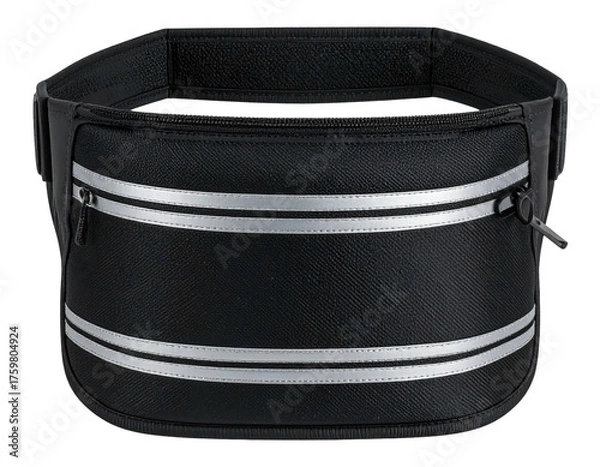 Fototapeta Black, zippered waist pack with reflective stripes for visibility and storage