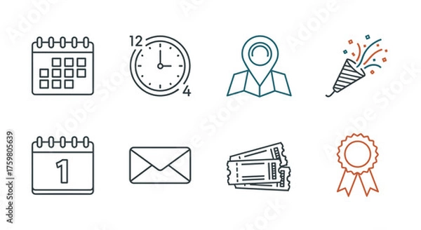 Fototapeta Event Planning Icons Set: Schedule Management, Time Tracking, Location Finding, Celebrations, Date Reminders, Communication, Ticket Sales, Achievement Recognition, and Award Ceremony- Modern Line Art