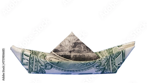 Fototapeta A dollar bill is skillfully folded to form a boat /transparent PNG file/