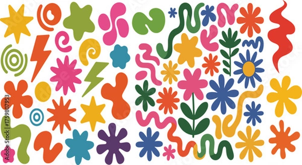 Fototapeta Vibrant abstract illustration with colorful flat graphic shapes isolated on transparent background