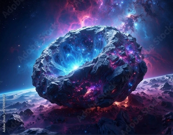 Obraz Cosmic rock floating in space, surrounded by nebula and planet