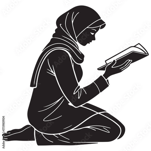 Obraz Silhouette of a woman kneeling and reading a book, wearing a hijab and traditional attire isolated on white background