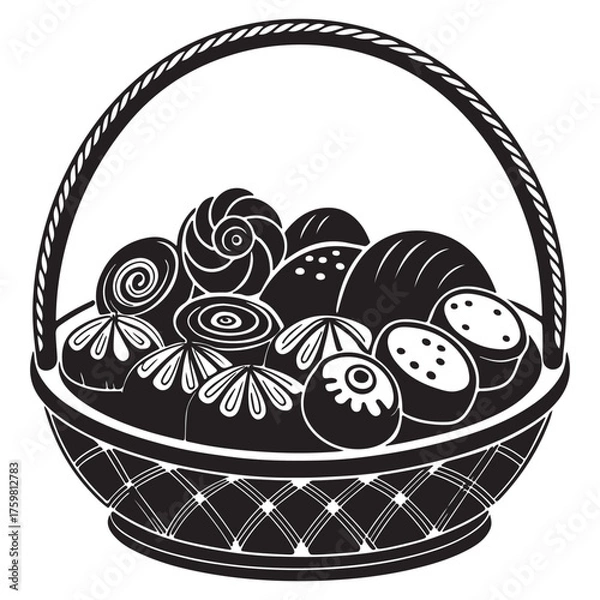 Obraz A delightful basket isolated on white background filled with an assortment of pastries and sweet treats in monochrome