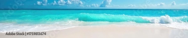 Obraz Stunning vibrant turquoise ocean waves crashing on a white sandy beach under a clear blue sky  Perfect for travel, vacation, or summer themed projects ,  surf,  sea water