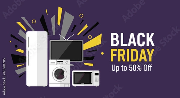 Fototapeta Black Friday sale graphic featuring home appliances and electronics Big discounts and retail promotion banner
