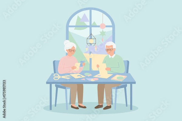 Obraz Happy elderly couple crafting together at home enjoying a creative hobby and quality time