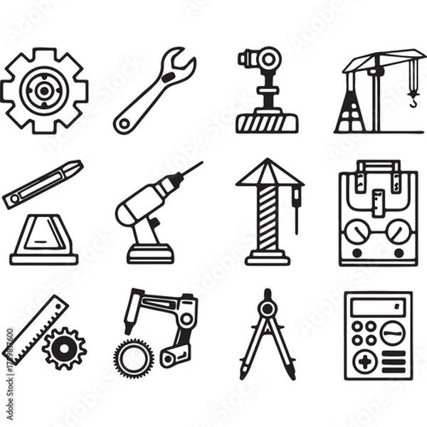 Obraz Illustration of engineering and construction icons representing tools and equipment isolated on white background