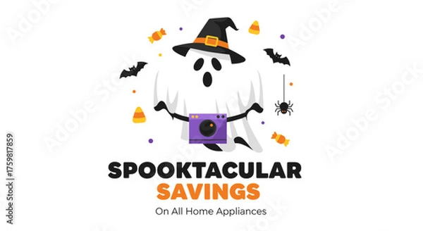 Obraz Spooktacular Halloween savings on home appliances featuring a cute ghost character with festive spooky elements