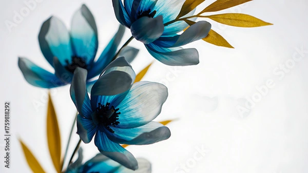 Fototapeta Dreamy blue anemone flowers with golden leaves create a soft, romantic springtime vibe, perfect for elegant designs or adding a touch of nature's beauty