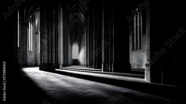 Fototapeta Sunlight streams through arched windows onto an empty cathedral floor.