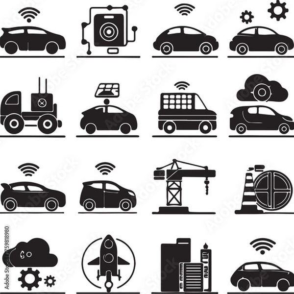 Obraz Smart technology icons isolated on white background depicting autonomous vehicles, infrastructure, and connectivity solutions