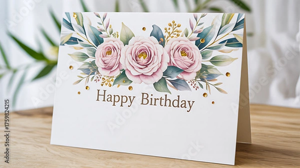 Obraz Elegant floral 'Happy Birthday' greeting card design with soft pink roses and gold accents, perfect for celebratory messages