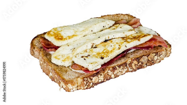 Fototapeta Enjoy a delicious open-faced sandwich featuring crispy bacon and grilled cheese on nutty oat bread /transparent PNG file/