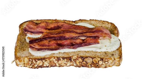 Fototapeta Sliced whole grain bread is generously layered with melted cheese and topped with crispy bacon strips, making it an inviting choice for a hearty breakfast /transparent PNG file/
