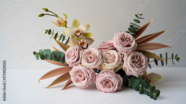 Fototapeta Elegant pink roses and delicate orchids arranged beautifully for a stunning floral display, perfect for celebrations and romantic gestures.