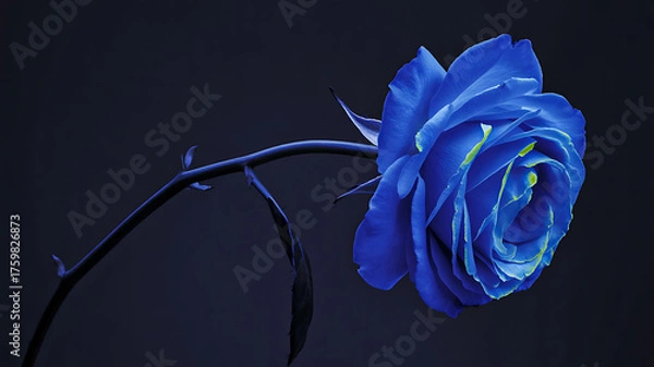Fototapeta Stunning deep blue rose with vibrant green accents, a symbol of mystery and elegance, perfect for modern design projects and romantic themes.