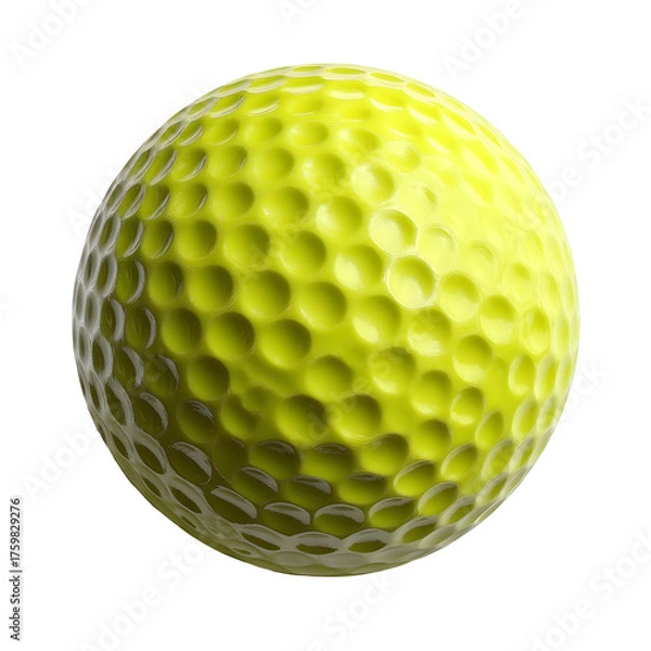 Fototapeta A vibrant dimpled yellow golf ball showcased in isolation against a pure white studio background highlighting its texture and color