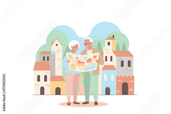 Obraz Happy senior couple exploring a charming European town with a map enjoying retirement travel