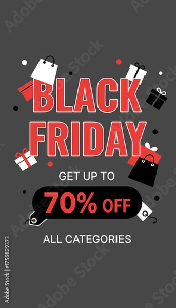 Obraz Black Friday sale graphic offering 70 off across all categories Ideal for retail and advertising