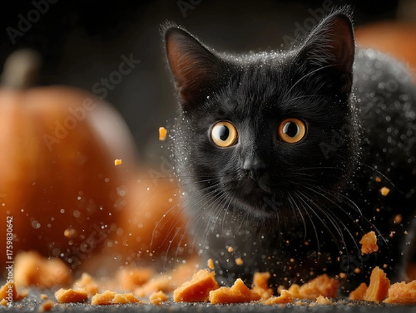 Obraz Black cat with smashed pumpkin 