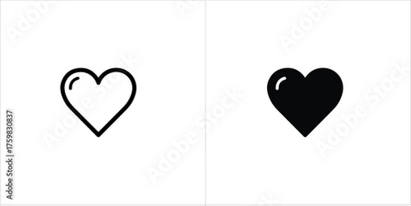 Fototapeta Two hearts, one outlined and one solid black, displayed side by side on a white background, representing love and affection