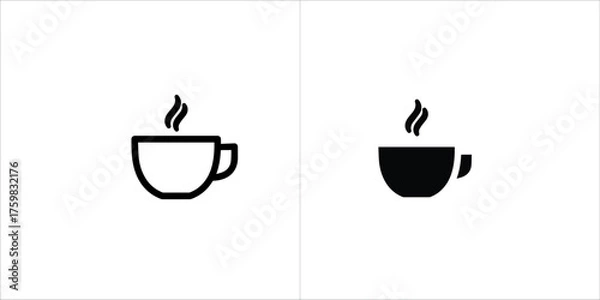 Fototapeta Two simple line art icons of a steaming coffee cup, one in outline and the other as a solid silhouette, both isolated on a clean white background, representing hot beverages and minimalist design conc