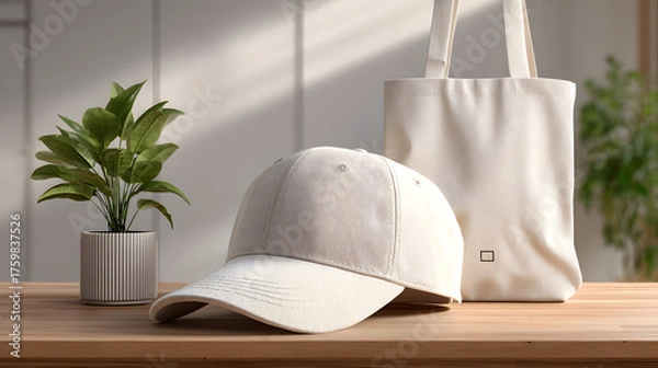 Fototapeta White tshirt cap and tote bag mockup display