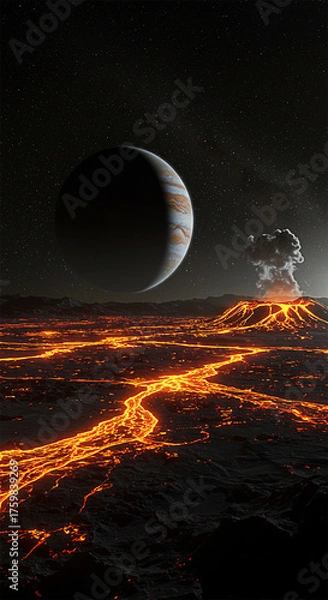 Fototapeta Land of Fire in Space: A Sci-Fi Scene of an Active Volcanic Planet with Glowing Lava Before a Mysterious Moon
