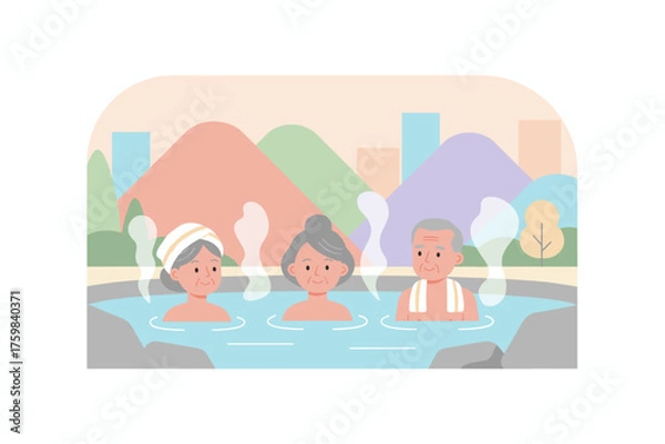 Fototapeta Happy elderly people enjoying a relaxing hot spring bath with scenic views Wellness and leisure