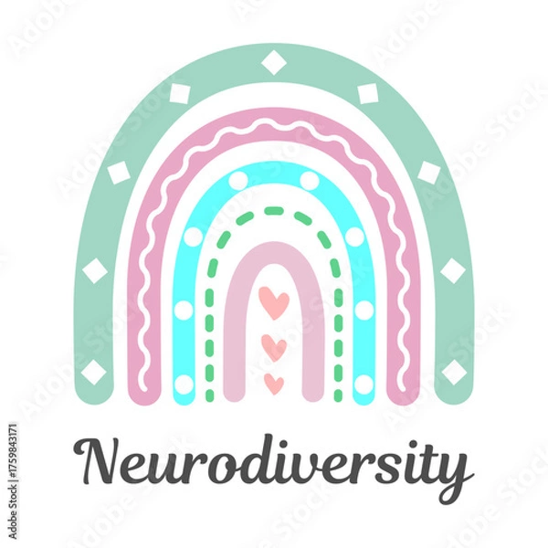 Fototapeta Neurodiversity boho rainbow. Symbol of inclusion, acceptance, and understanding of different neurological conditions. Autism awareness, psychology, and diversity campaigns. Vector illustration. 