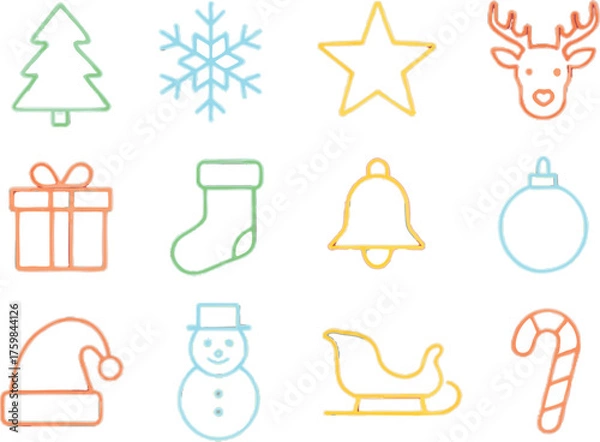 Obraz A minimalist vector-style Christmas icon sheet with 12 icons arranged in a clean 3x4 grid on a solid background