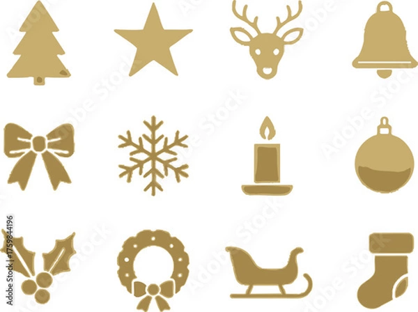 Obraz A minimalist vector-style Christmas icon sheet with 12 icons arranged in a clean 3x4 grid on a solid background