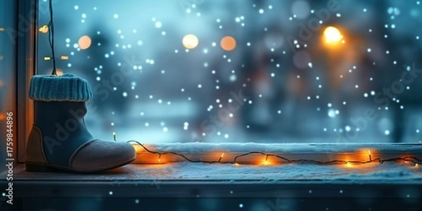 Fototapeta A cozy winter scene with a child's boot on a windowsill, decorated with warm lights. Snow falls outside, creating a festive atmosphere for St Nicholas Day.