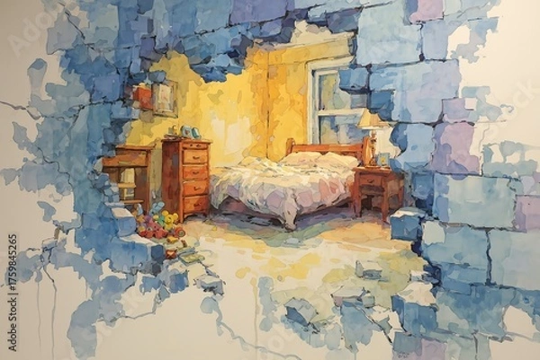 Fototapeta Mural depicting a vibrant bedroom scene through a brick wall with a playful touch of artistry and imagination