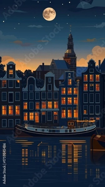 Fototapeta A serene night scene in Amsterdam featuring traditional Dutch houses with illuminated windows, a calm canal, and a boat reflecting in the water under a full moon.