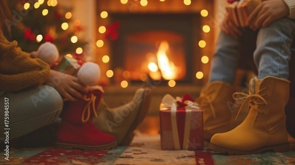 Fototapeta Two pairs of festive boots sit by a cozy fireplace, surrounded by holiday decorations and a gift box. The scene captures the warmth of St Nicholas Day celebrations.