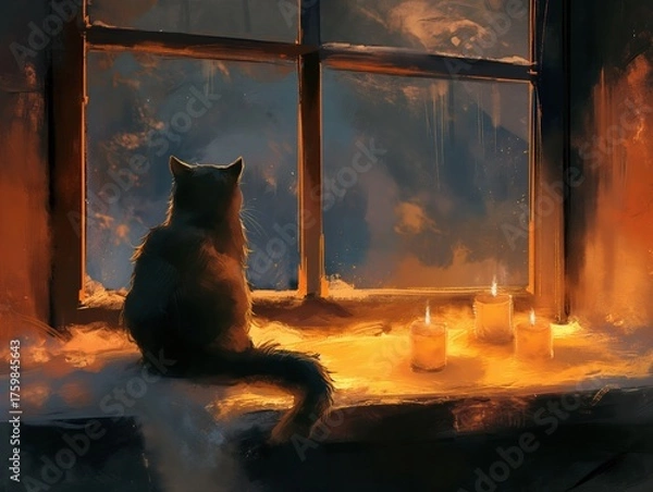 Fototapeta A cozy scene with a fluffy gray cat sitting on a windowsill, gazing outside. Soft candlelight illuminates the room, creating a warm atmosphere.