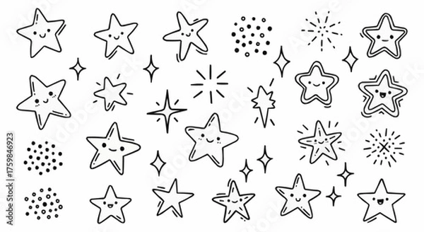 Fototapeta A charming collection of hand drawn doodle stars and sparkles.
