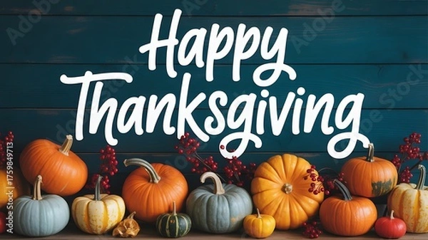 Fototapeta Happy thanksgiving greeting with pumpkins and berries on a rustic wooden background