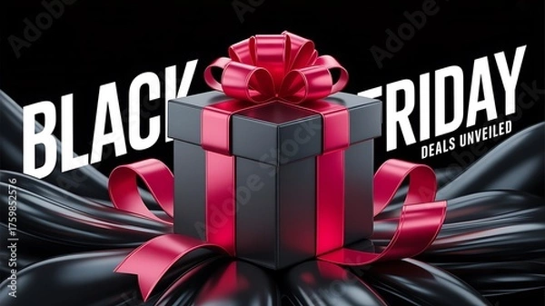 Obraz Luxurious black friday gift box with red ribbon and bold text on dark background