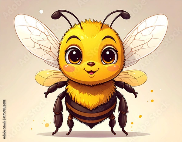 Fototapeta Bright and colorful cartoon bee clipart with open wings and a happy smile, ideal for kids’ projects, digital prints, nursery art, and fun design elements.