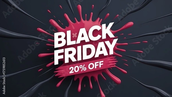 Obraz Dynamic black friday sale announcement featuring a vibrant red splatter and 20 percent discount offer