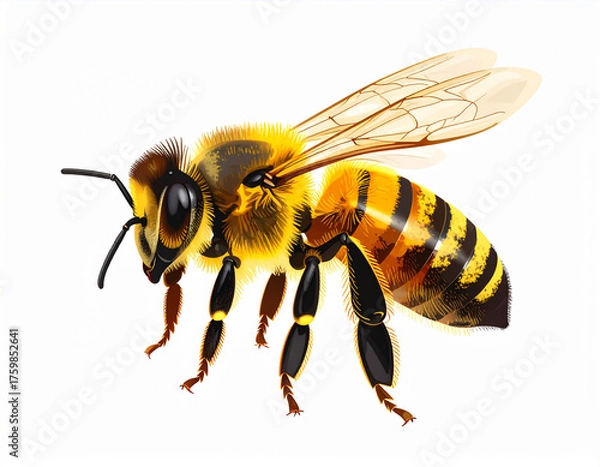 Fototapeta Highly detailed vector illustration of a realistic honey bee, perfect for scientific graphics, nature illustrations, educational projects, or branding related to honey and pollination.