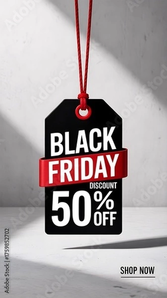 Obraz Bold black friday sale tag featuring fifty percent discount and red ribbon accent