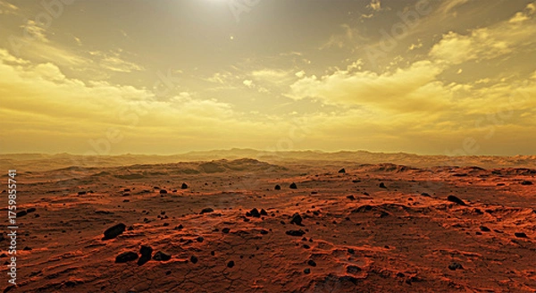 Fototapeta Mars Horizon: A Stunning View of the Red Planet’s Surface Under a Golden Sky